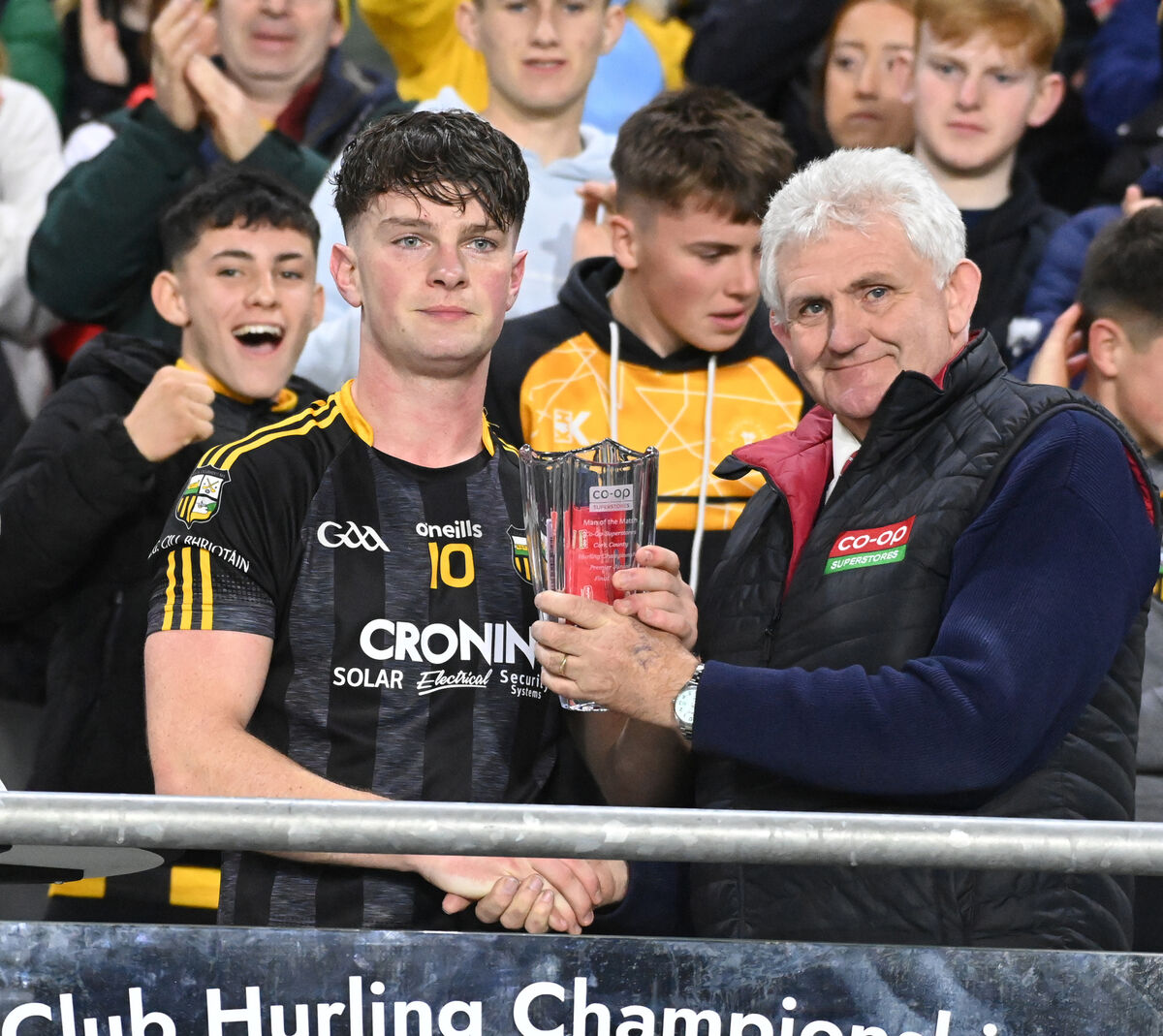 Dermot Foley, Co-Op SuperStores, presents the Player of the Match award to Kilbrittain's Mark Hickey after defeating Glen Rovers in the Co-Op SuperStores Premier JHC final. Picture: Eddie O'Hare Dermot Foley, Co-Op SuperStores, presents the Player of the Match award to Kilbrittain's Mark Hickey after defeating Glen Rovers in the Co-Op SuperStores Premier JHC final. Picture: Eddie O'Hare