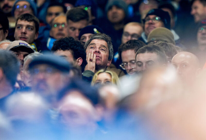 Noel Gallagher shows his concern watching the action against Fulham with the Manchester City fans during the Premier League match at Craven Cottage, London. Picture: Bradley Collyer/PA Wire Noel Gallagher shows his concern watching the action against Fulham with the Manchester City fans during the Premier League match at Craven Cottage, London. Picture: Bradley Collyer/PA Wire