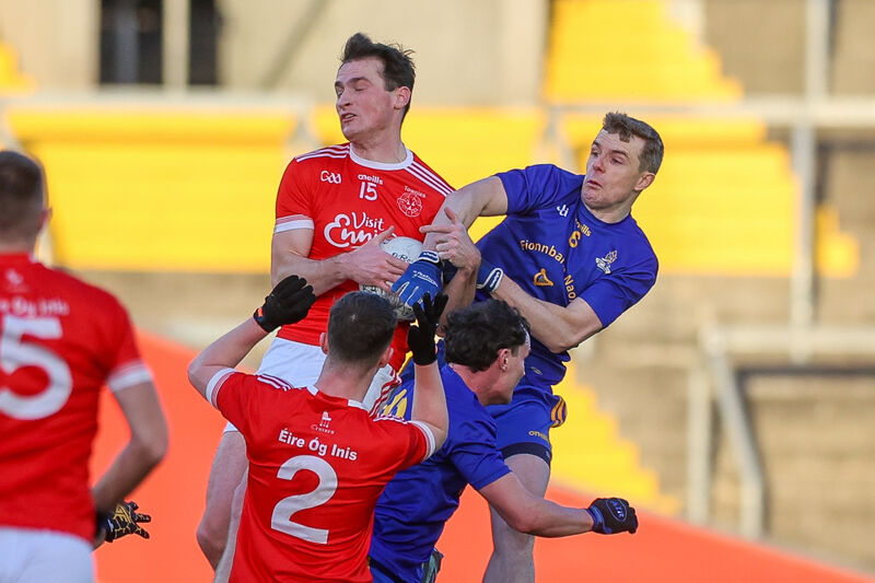 Mark McInerney and Darren Moroney in action against Alan O'Connor and Conor Dennehy of St Finbarr's during the AIB GAA Munster Club Senior Football Championship Semi-Final at SuperValu Páirc Uí Chaoimh. Picture: ©Inpho/Natasha Barton Mark McInerney and Darren Moroney in action against Alan O'Connor and Conor Dennehy of St Finbarr's during the AIB GAA Munster Club Senior Football Championship Semi-Final at SuperValu Páirc Uí Chaoimh. Picture: ©Inpho/Natasha Barton