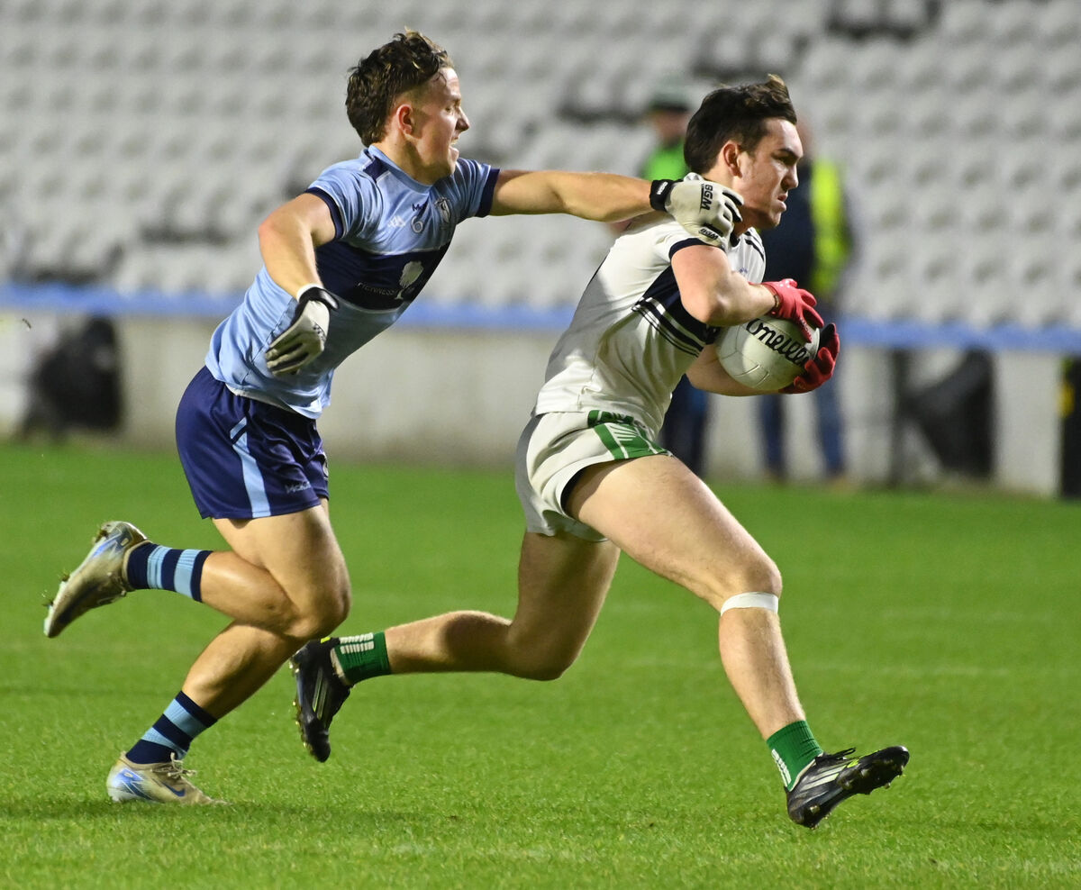 Coláiste Choilm, Ballincollig's Danny Miskella is tackled by Clonakilty community college's Dylan Harrington. Picture; Eddie O'Hare