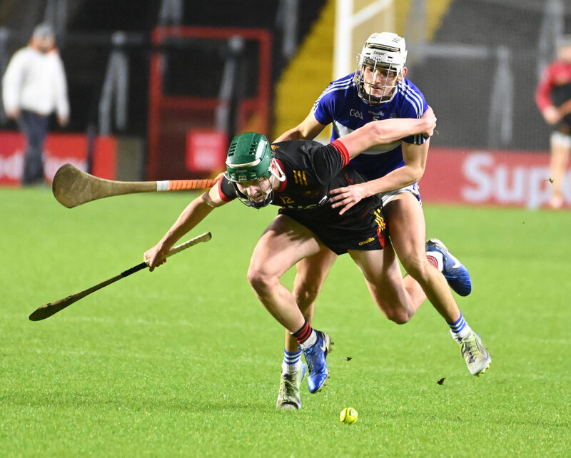  Christians' Michael Quill and Gaelcholáiste Mhuire AG's Seán Ó Dálaigh tussle for the sliotar during the Dr O'Callaghan Cup final at SuperValu Páirc Uí Chaoimh. Picture: Eddie O'Hare
