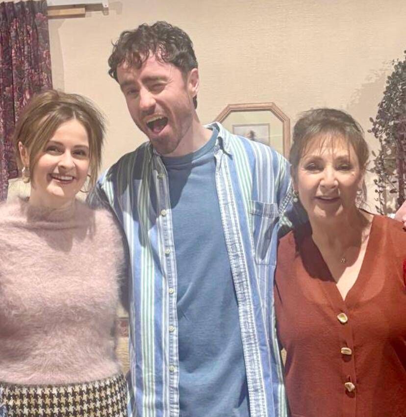 Cork actors Aoife O'Dea - real name Aoife O'Donovan - and Aidan O'Callaghan, with Pauline McLynn on the set of Coronation Street.