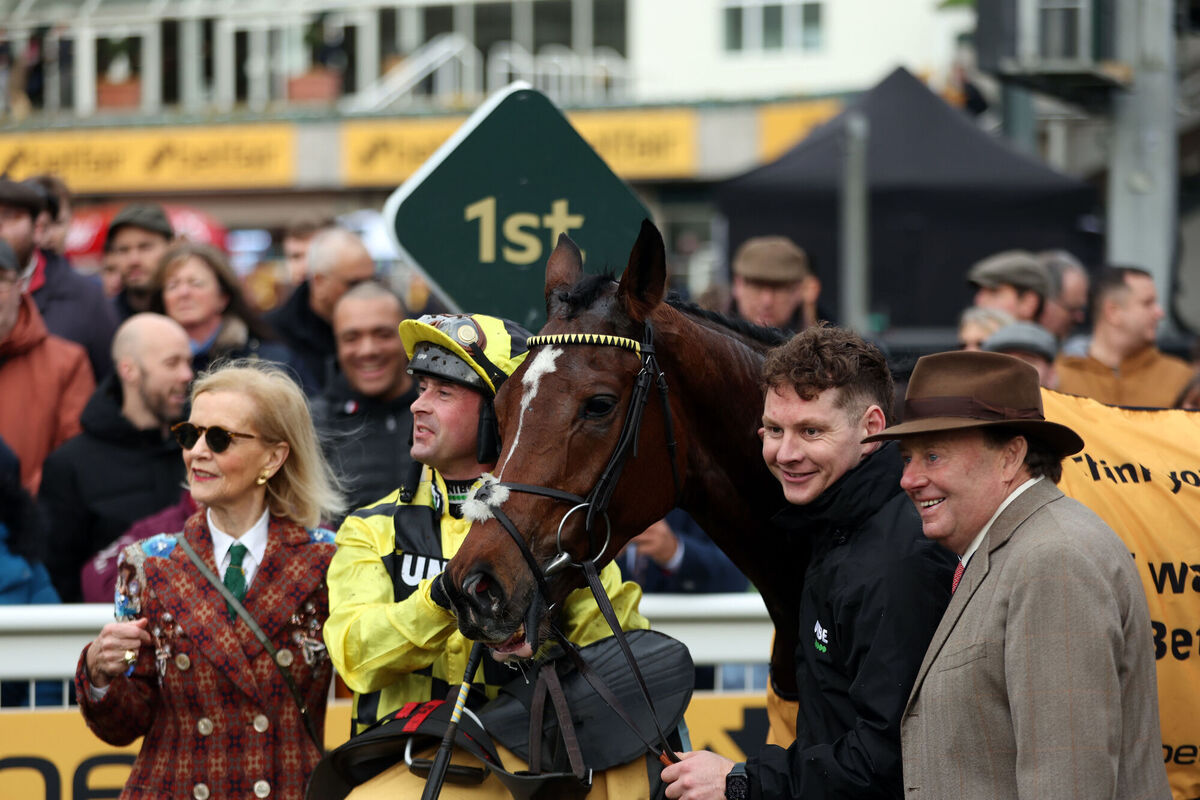 Jockey Nico de Joinville (second from left) and trainer Nicky Henderson (right) after a winning ride with Lulamba. Picture: Steve Paston for The Jockey Club/PA Wire.