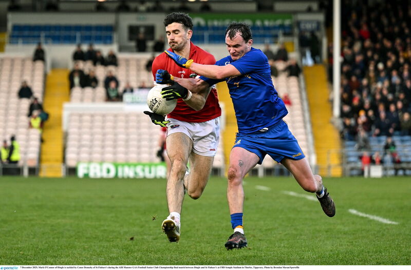 Mark O'Connor of Dingle is tackled by Conor Dennehy of St Finbarr's. Picture: Brendan Moran/Sportsfile Mark O'Connor of Dingle is tackled by Conor Dennehy of St Finbarr's. Picture: Brendan Moran/Sportsfile
