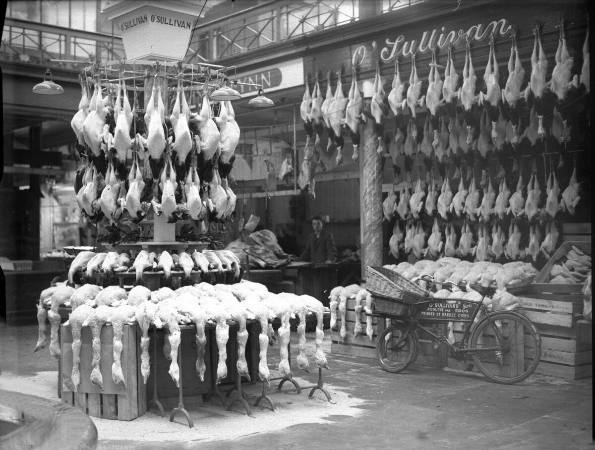 Christmas turkeys on sale at the English Market, Cork in 1947. Christmas turkeys on sale at the English Market, Cork in 1947.