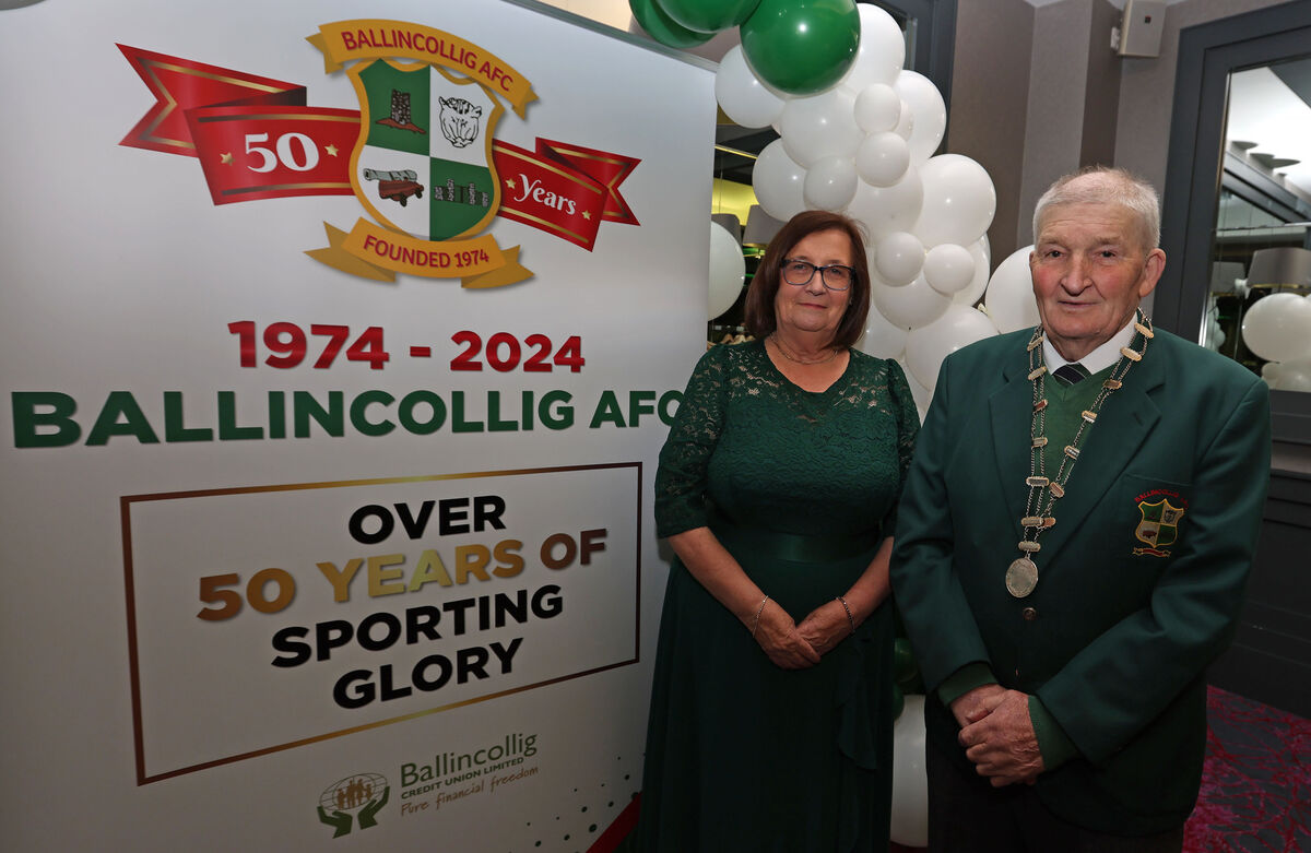  Gerardene McNamara with club president Vincent Drumm at the Ballincollig AFC 50th Anniversary event at the Oriel House Hotel. Picture: Jim Coughlan.