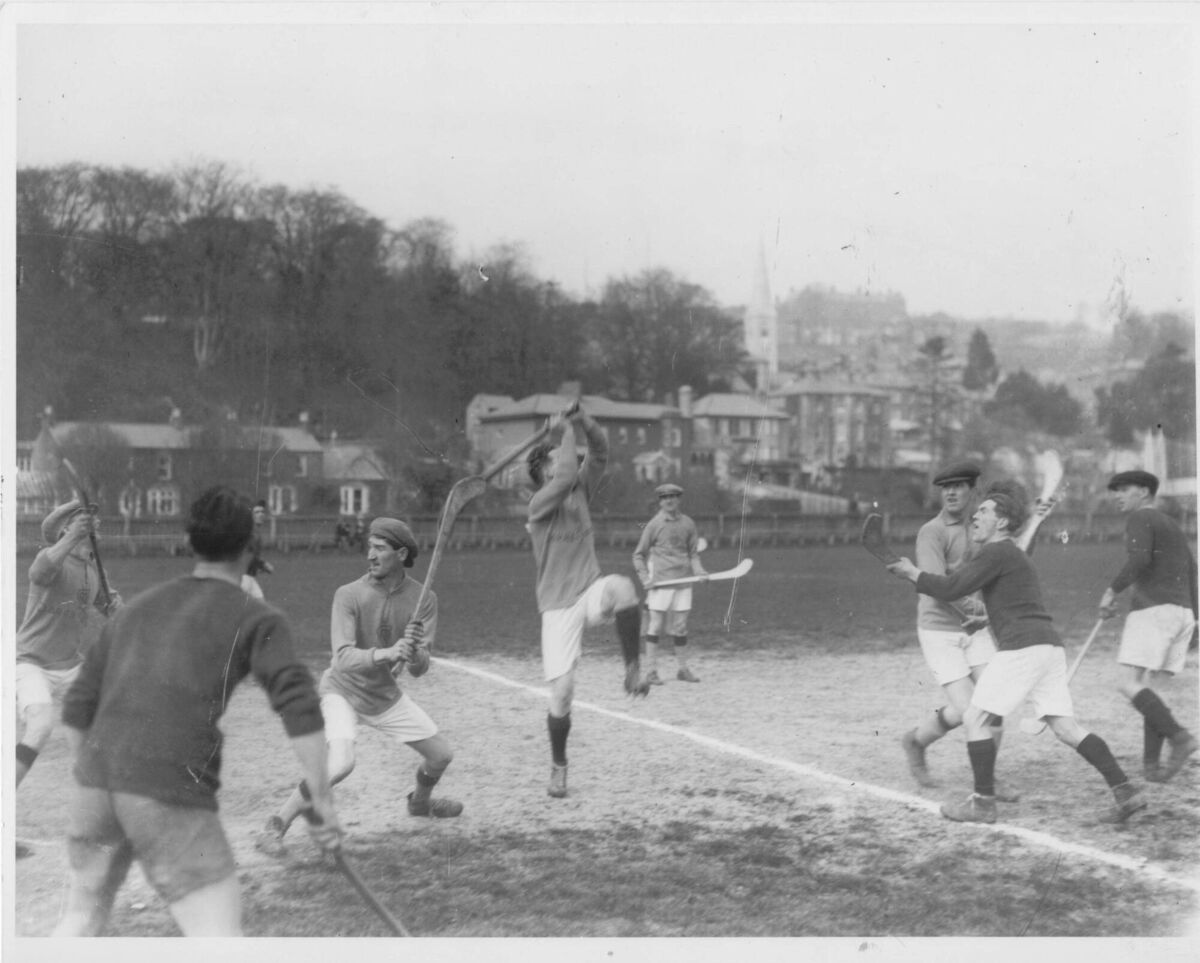 Dannix Ring, with his cap back to front, getting ready to strike the sliotar. Featured in page 29 of 'Gallant Old Blues' Dannix Ring, with his cap back to front, getting ready to strike the sliotar. Featured in page 29 of 'Gallant Old Blues'