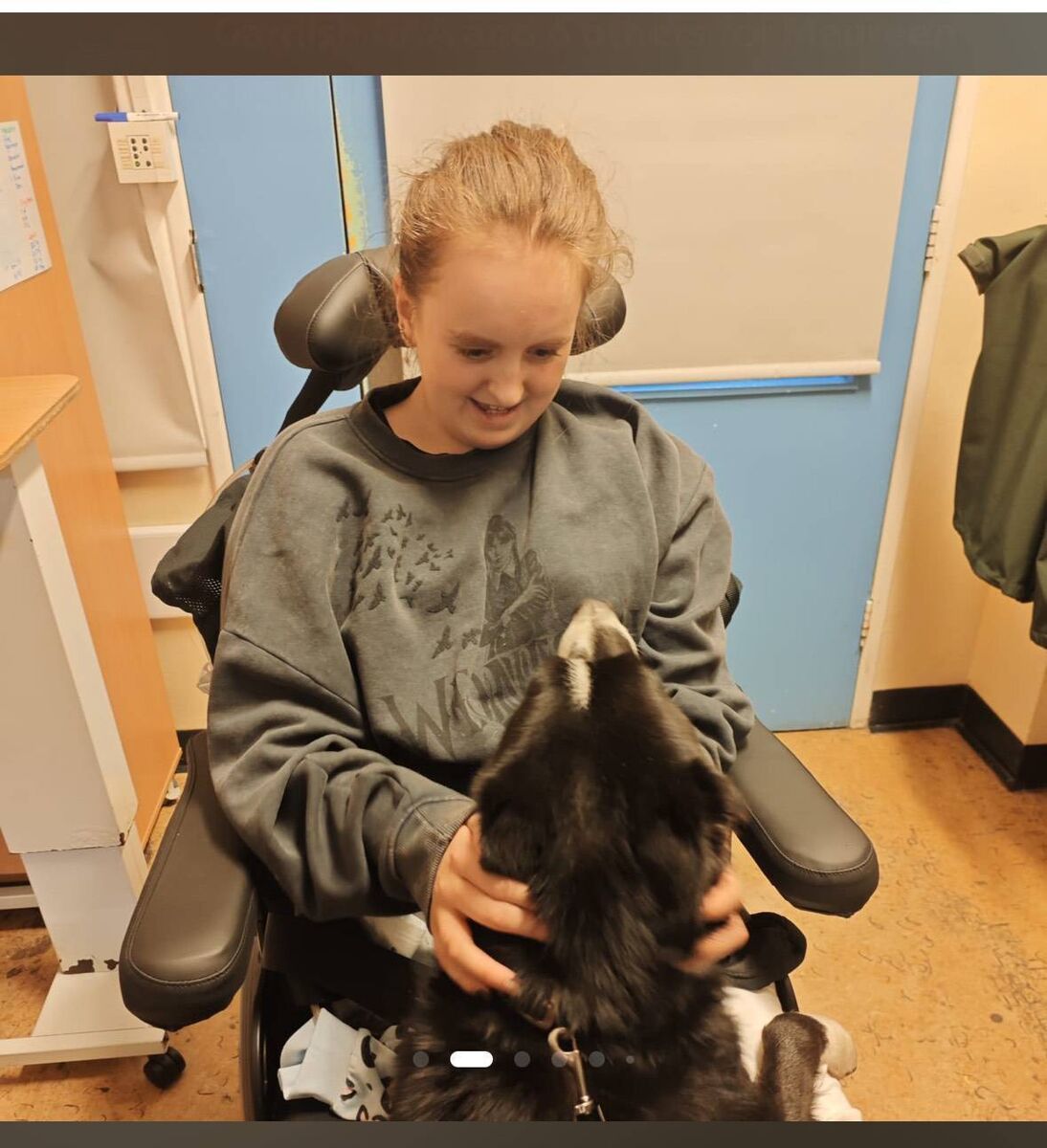 Feile in her motorised chair in hospital.
