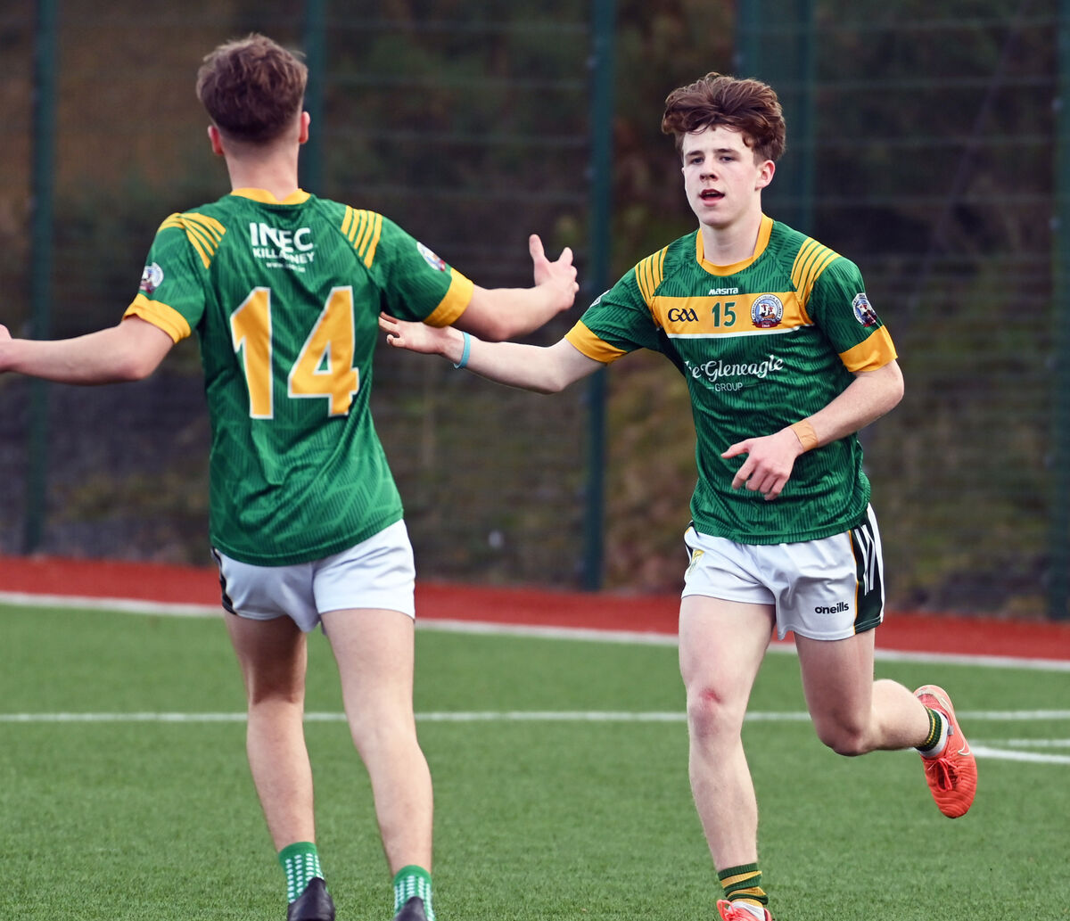 St Brendan's Darragh Keane (right) celebrates his penalty with Jack Culloty against Clonakilty Community College in the Frewen Cup final at Banteer. Picture: Eddie O'Hare St Brendan's Darragh Keane (right) celebrates his penalty with Jack Culloty against Clonakilty Community College in the Frewen Cup final at Banteer. Picture: Eddie O'Hare