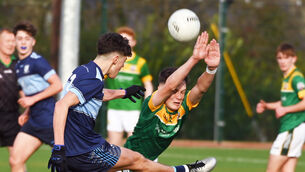 <p>Clonakilty Community College's Joe Twomey shoots from St Brendan's Cillian O'Donoghue in the Frewen Cup final at Banteer. Picture: Eddie O'Hare</p>