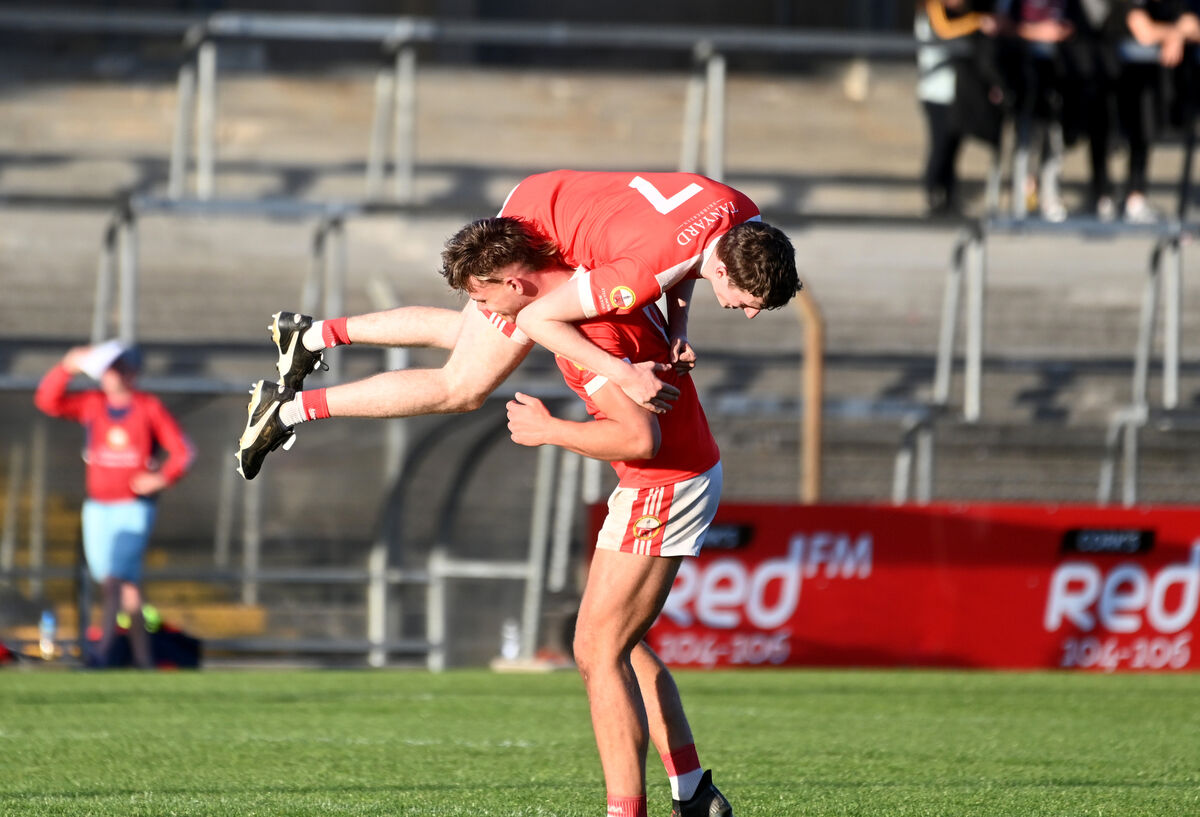  Luca Harte lifts Ciarán Coombes after O'Donovan Rossa defeated Fermoy last season. Picture: Larry Cummins