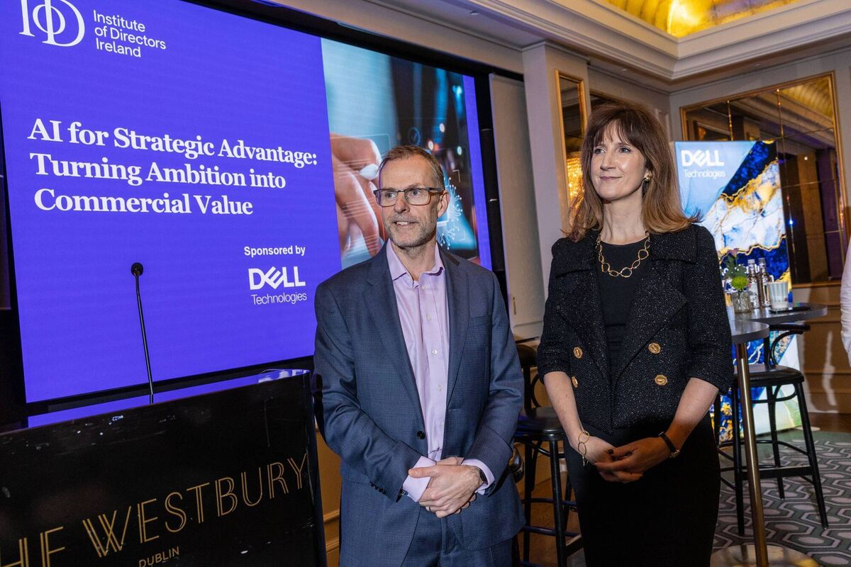 Mark Hopkins, general manager at Dell Technologies Ireland, and Caroline Spillane, CEO, IoD Ireland, at the event bringing together industry leaders around the country for a conversation on unlocking the power of AI for strategic advantage. Photograph: Orla Murray/Coalesce