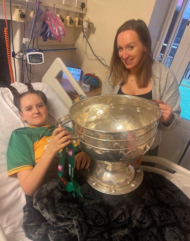 Feile O'Sullivan and her mother Maureen in CHI at Crumlin hospital with the Sam Maguire Cup. Feile O'Sullivan and her mother Maureen in CHI at Crumlin hospital with the Sam Maguire Cup.