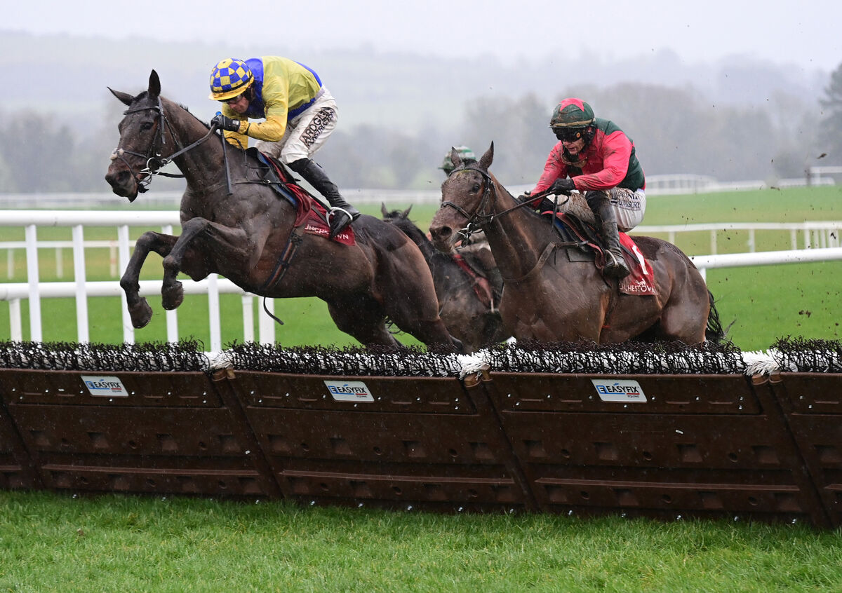 Sea Of Sands and Brian Hayes (far) win the Solo Arte - An Irish Art Gallery At Punchestown Hurdle from Charlus. Picture: Healy Racing