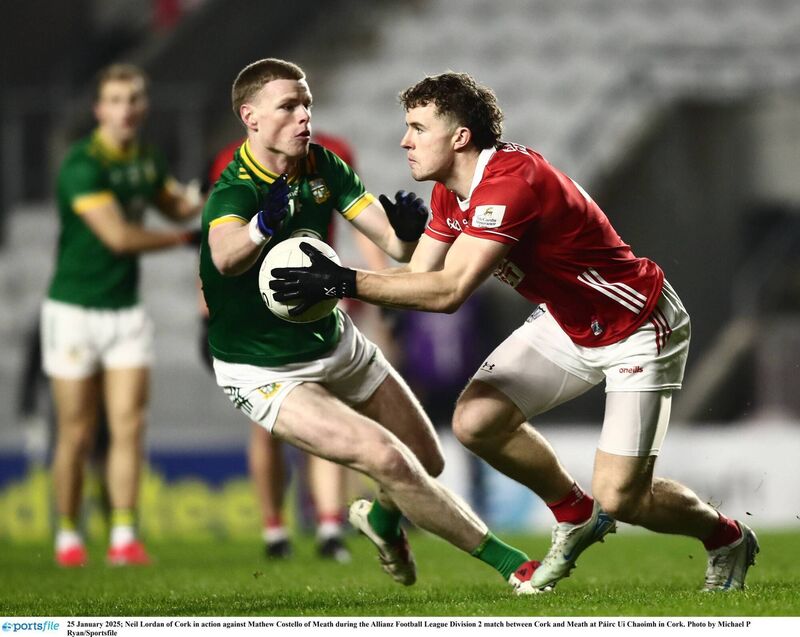 Cork's Neil Lordan clears his lines despite the pressure from Meath's Mathew Costello last season. Picture: Michael P Ryan/Sportsfile Cork's Neil Lordan clears his lines despite the pressure from Meath's Mathew Costello last season. Picture: Michael P Ryan/Sportsfile