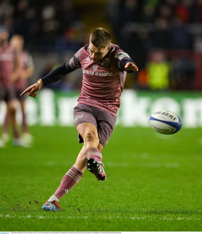 Jack Crowley of Munster kicks a conversion. Picture: Brendan Moran/Sportsfile Jack Crowley of Munster kicks a conversion. Picture: Brendan Moran/Sportsfile
