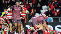 Inpho Michael Ala'alatoa celebrates Ruadhan Quinn's try 13/12/2025