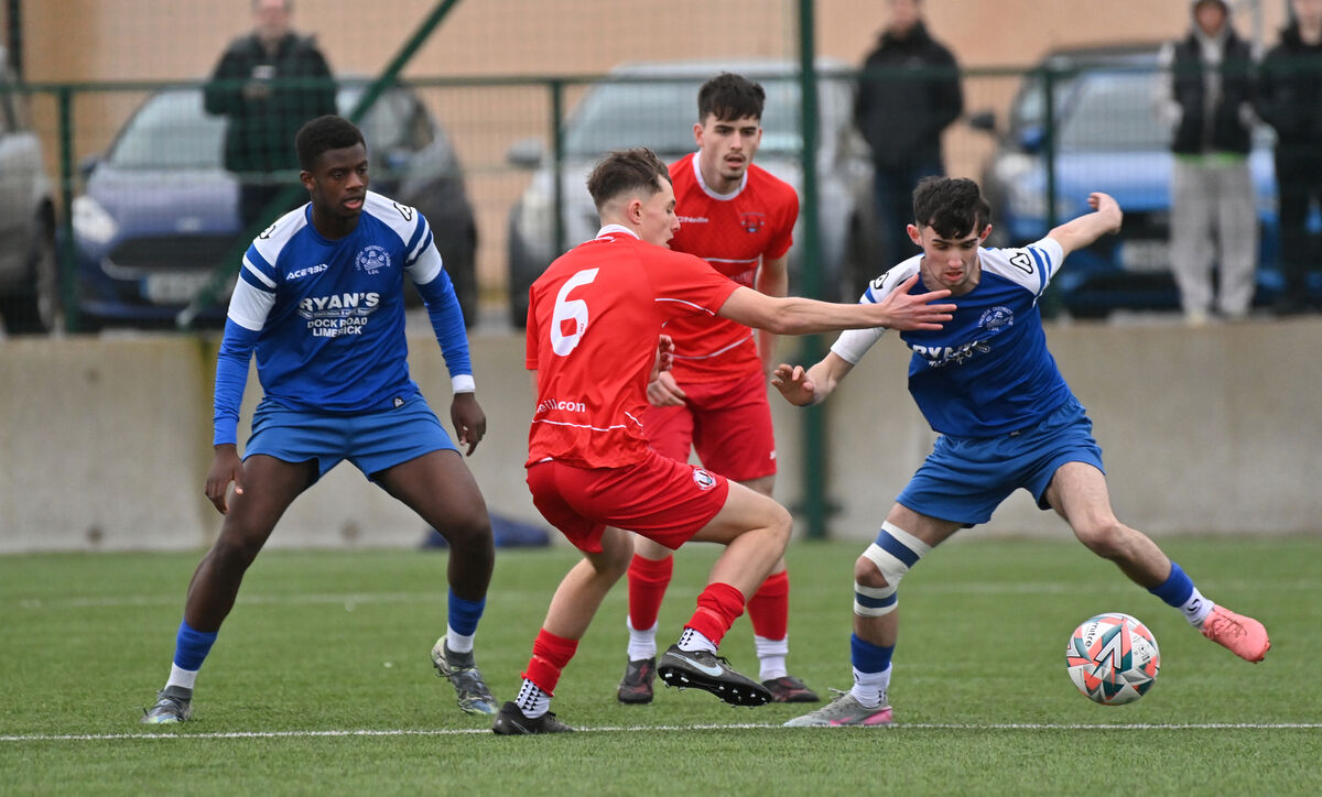 Zac McInerney, Limerick District League, looking to go past Ronan Murray, Cork Youth League. Picture: Dan Linehan Zac McInerney, Limerick District League, looking to go past Ronan Murray, Cork Youth League. Picture: Dan Linehan