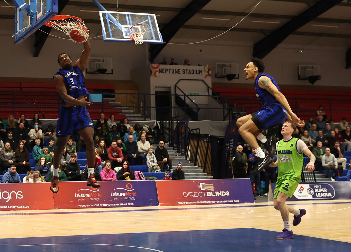 Mike Hayes, Neptune, with Samuel Henderson celebrating the dunk, during the game against Tralee Warriors. Men's Super League Basketball, Energywise Ireland Neptune V's Garvey's Tralee Warriors, at Neptune Stadium, Cork. Mike Hayes, Neptune, with Samuel Henderson celebrating the dunk, during the game against Tralee Warriors. Men's Super League Basketball, Energywise Ireland Neptune V's Garvey's Tralee Warriors, at Neptune Stadium, Cork.