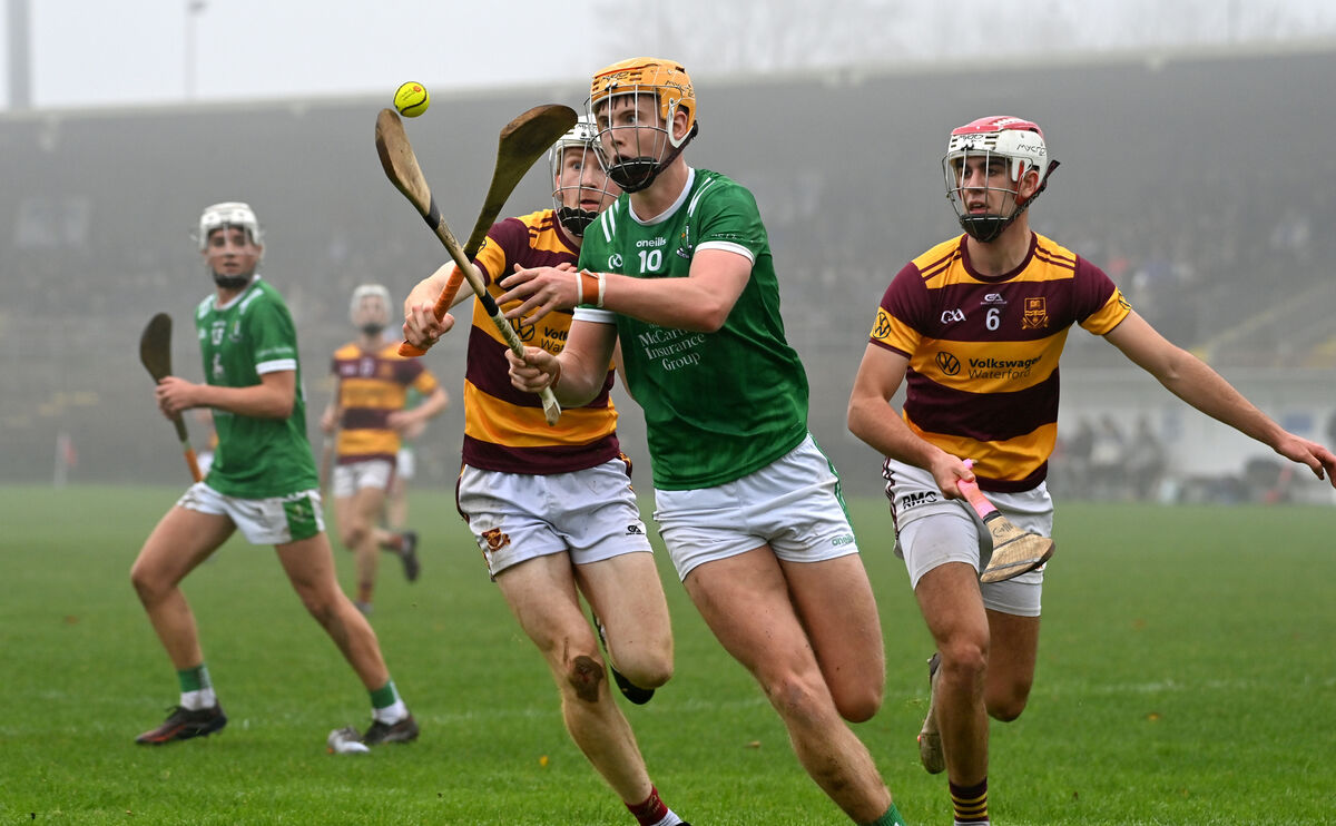  Ruairc Donovan, St Colman's College, Fermoy winning this ball from De La Salle College, Waterford players Jack Power and Conor Power at the Fraher Field, Dungarvan. Picture: Dan Linehan