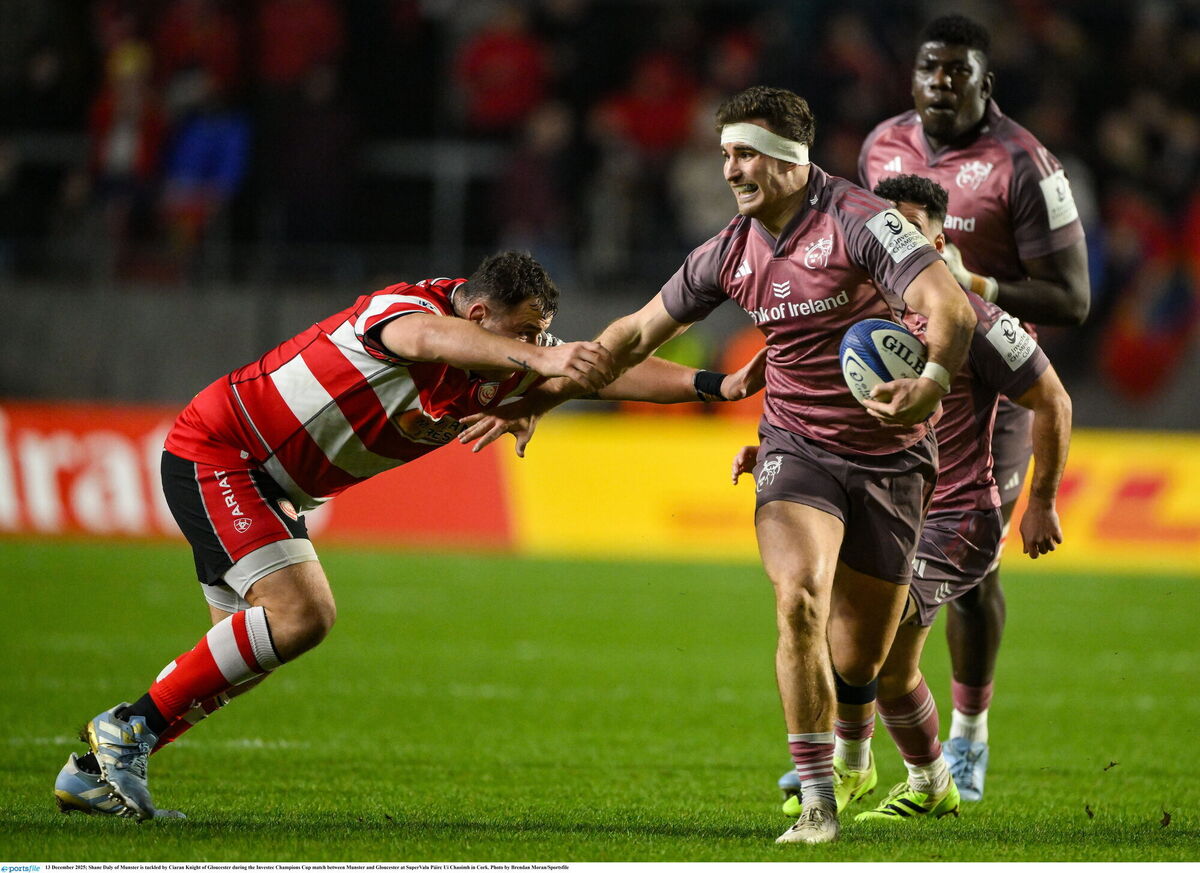 Shane Daly of Munster is tackled by Ciaran Knight of Gloucester. Picture: Brendan Moran/Sportsfile Shane Daly of Munster is tackled by Ciaran Knight of Gloucester. Picture: Brendan Moran/Sportsfile