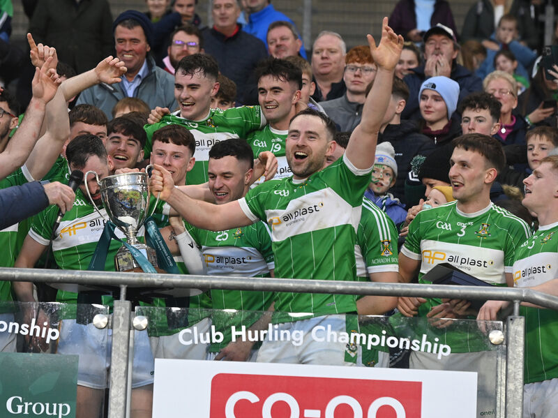 Aghabullogue captain John Corkery raises the Billy Long Cup after defeating Uibh Laoire. Picture: Eddie O'Hare 