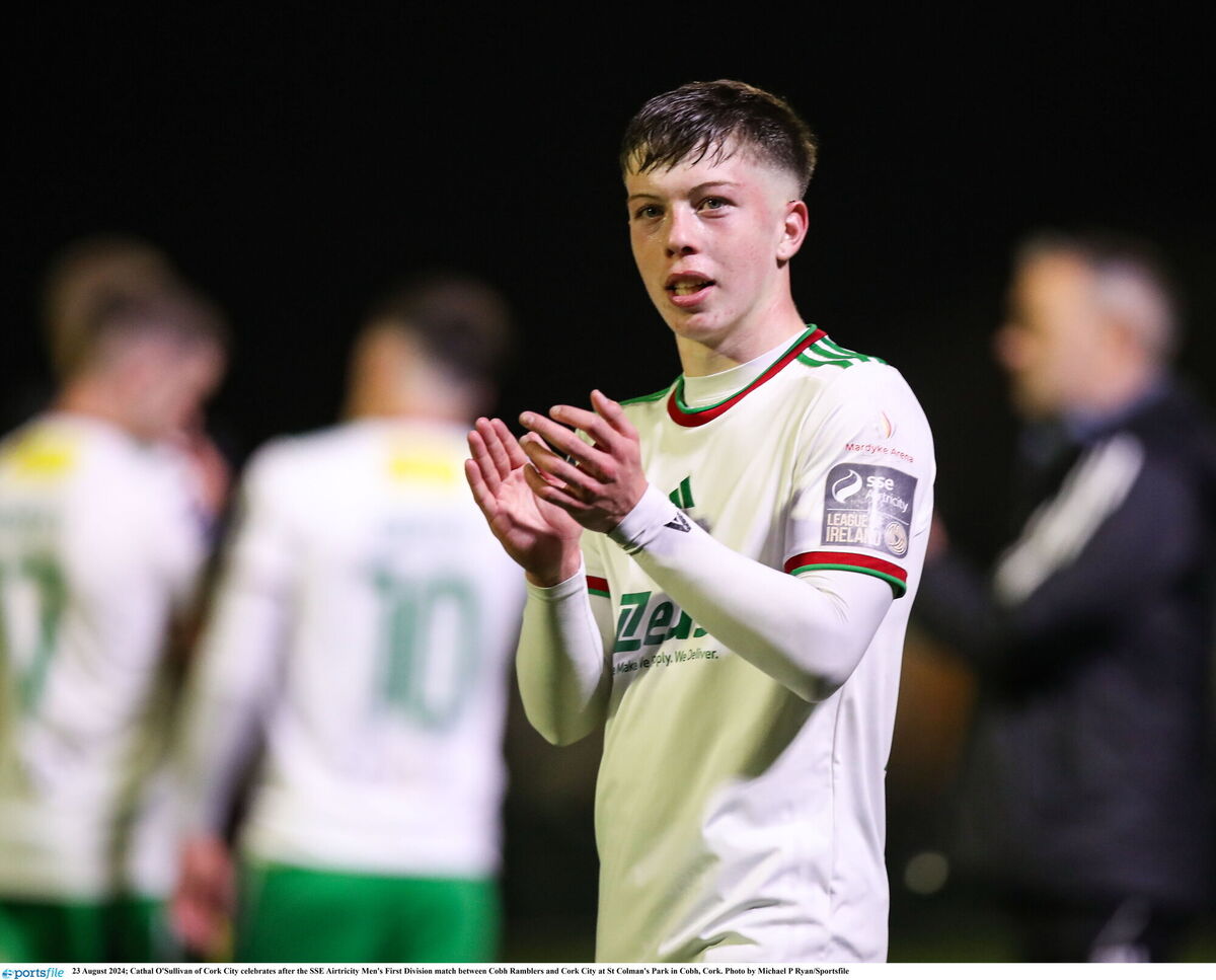 Cathal O'Sullivan of Cork City celebrates after the SSE Airtricity Men's First Division match between Cobh Ramblers and Cork City in 2024. Picture: Michael P Ryan/Sportsfile Cathal O'Sullivan of Cork City celebrates after the SSE Airtricity Men's First Division match between Cobh Ramblers and Cork City in 2024. Picture: Michael P Ryan/Sportsfile