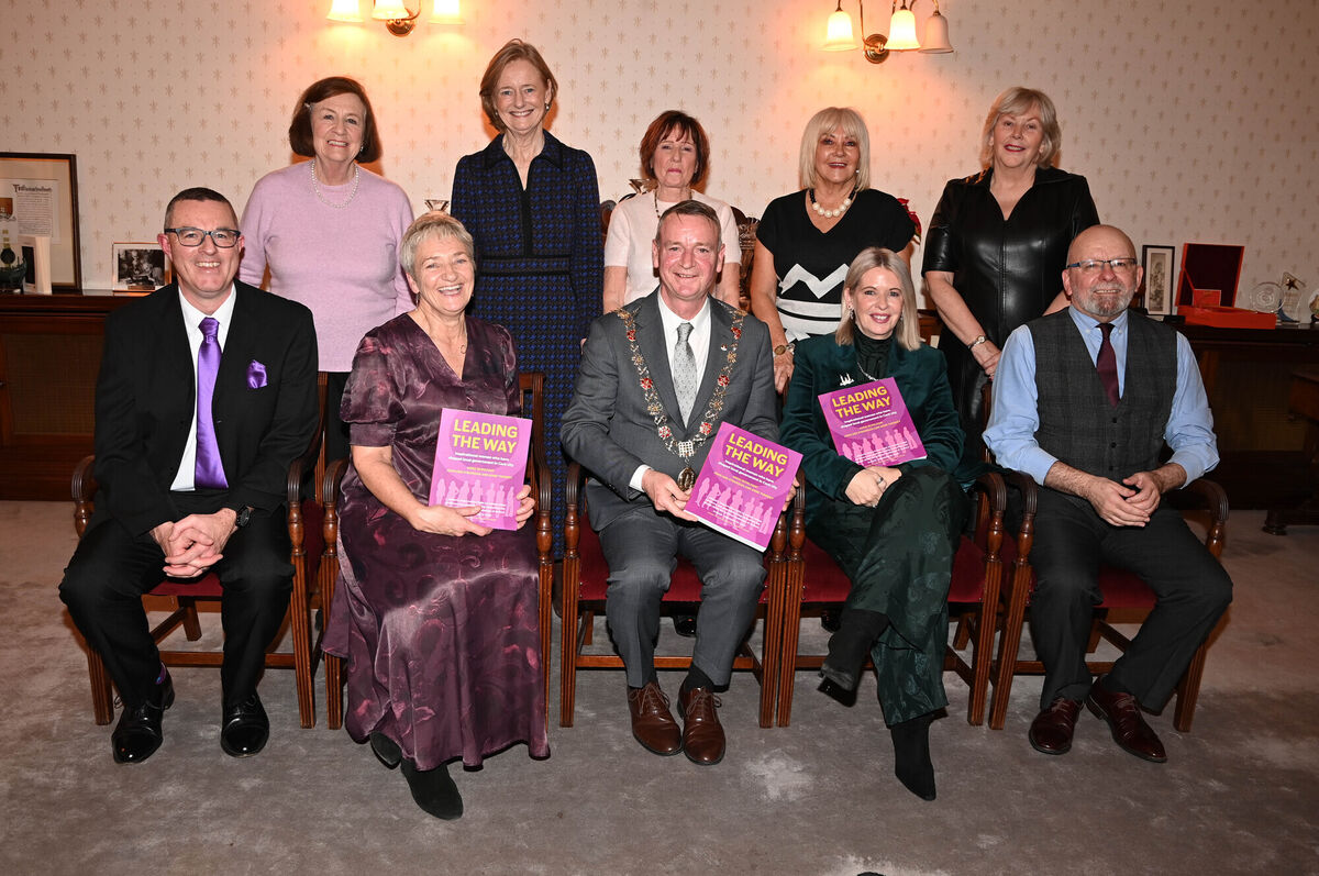 The Lord Mayor Cllr Fergal Dennehy with authors and Cork women who feature in the new book, 'Leading The Way' about inspirational women who have shaped local government in Cork city at the launch held at the City Hall, Cork. Front from left, Aodh Quinlivan and Anne Twomey, authors; Valerie O'Sullivan, current chief executive Cork City Council and John Ger O'Riordan, author. Back from left, Former lords mayor Mary Shields, Deirdre Clune, Catherine Clancy, Deirdre Forde, and the first chief executive Cork City Council. Ann Doherty. Picture: Eddie O'Hare The Lord Mayor Cllr Fergal Dennehy with authors and Cork women who feature in the new book, 'Leading The Way' about inspirational women who have shaped local government in Cork city at the launch held at the City Hall, Cork. Front from left, Aodh Quinlivan and Anne Twomey, authors; Valerie O'Sullivan, current chief executive Cork City Council and John Ger O'Riordan, author. Back from left, Former lords mayor Mary Shields, Deirdre Clune, Catherine Clancy, Deirdre Forde, and the first chief executive Cork City Council. Ann Doherty. Picture: Eddie O'Hare