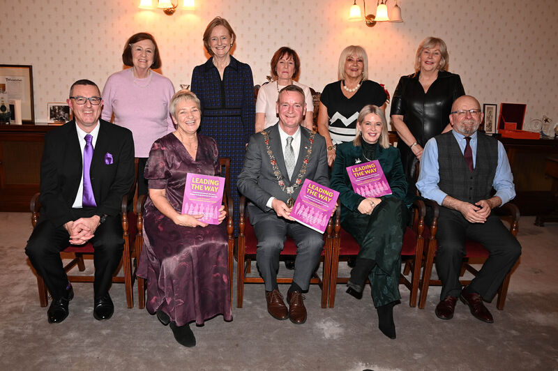  The Lord Mayor Cllr Fergal Dennehy with authors and Cork women who feature in the new book, 'Leading The Way' about inspirational women who have shaped local government in Cork city at the launch held at the City Hall, Cork. Front from left, Aodh Quinlivan and Anne Twomey, authors; Valerie O'Sullivan, current chief executive Cork City Council and John Ger O'Riordan, author. Back from left, Former lords mayor Mary Shields, Deirdre Clune, Catherine Clancy, Deirdre Forde, and the first chief executive Cork City Council. Ann Doherty. Picture: Eddie O'Hare