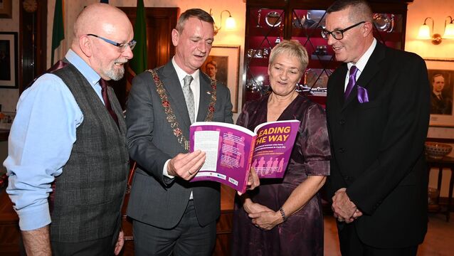 <p> The Lord Mayor of Cork Cllr Fergal Dennehy John Ger O'Riodan, Anne Twomey and Aodh Quinlivan authors of the new book, 'Leading The Way' about inspirational women who have shaped local government in Cork city at the launch held at the City Hall, Cork. Picture: Eddie O'Hare</p>
