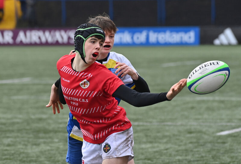  Cathal Power, Midleton CBS is tackled by Max Morrison, Kinsale Community School during the Boys’ Schools U16 Munster Junior Cup qualifier at Virgin Media Park, Cork. Picture Dan Linehan