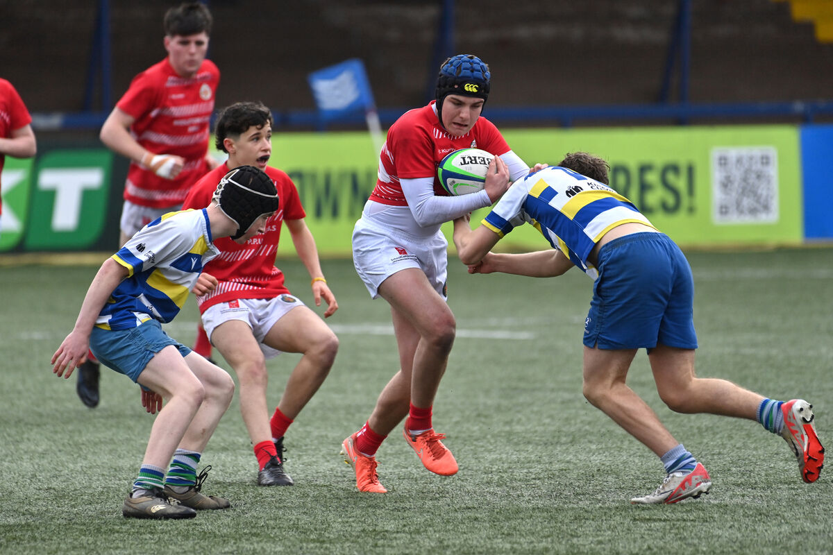 Finn Matson, Midleton CBS is tackled by William Brugger, Kinsale Community School during the Boys’ Schools U16 Munster Junior Cup qualifier at Virgin Media Park, Cork. Picture Dan Linehan Finn Matson, Midleton CBS is tackled by William Brugger, Kinsale Community School during the Boys’ Schools U16 Munster Junior Cup qualifier at Virgin Media Park, Cork. Picture Dan Linehan
