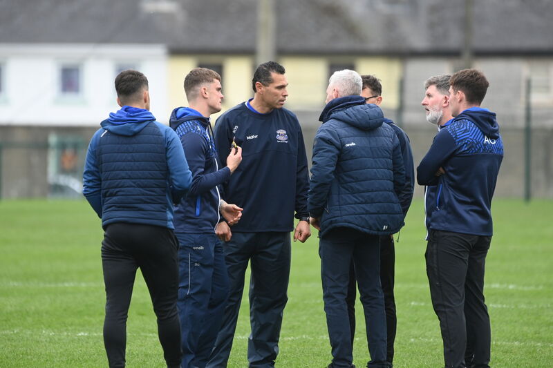  Harty Cup hurling: Seán Óg Ó hAilpín and the management team for Gaelcholáiste Mhuire v St Joseph's Tulla at Kilmallock, Co Limerick. Picture: Larry Cummins