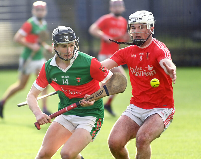 Ballinora's Ben Mayer and Ballygarvan's Conor Downey tussle for the sliotar in 2024. Picture: Eddie O'Hare