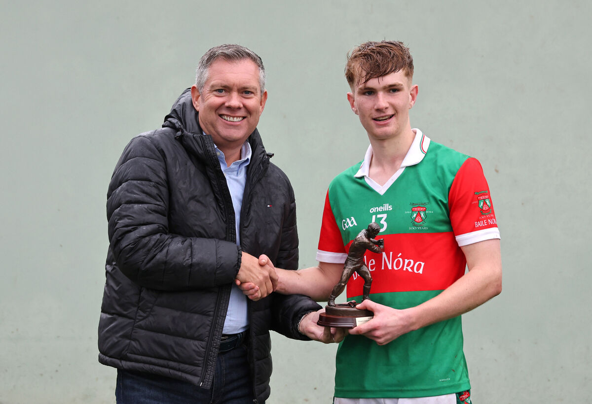Bryan O'Donovan, MJK Oils, presents the Player of the Match trophy to Ben Mayer of Ballinora after the Muskerry JAHC final last season. Picture: Jim Coughlan Bryan O'Donovan, MJK Oils, presents the Player of the Match trophy to Ben Mayer of Ballinora after the Muskerry JAHC final last season. Picture: Jim Coughlan
