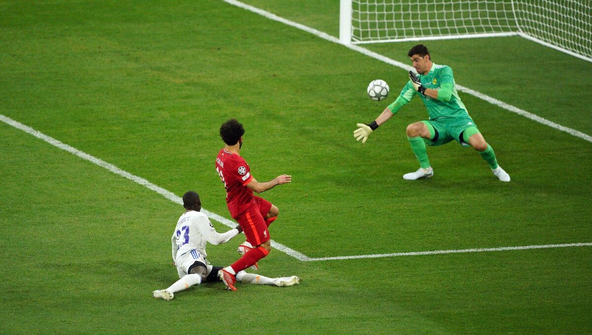 Real Madrid Goalkeeper Thibaut Courtois saves from Liverpool's Mohamed Salah during the Champions League final. Picture: Peter Byrne/PA Wire.