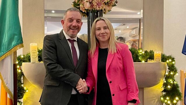 <p>Laura Harmon with Jerry Buttimer after her election as chair of  the Rainbow Caucus.</p>