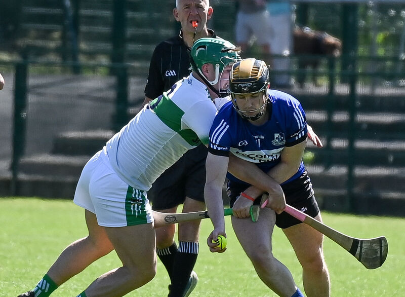  Sarsfields' Daniel Hogan is tackled by Kanturk's Brian O'Sullivan, during their SHL clash at Riverstown last season. Picture: David Keane.
