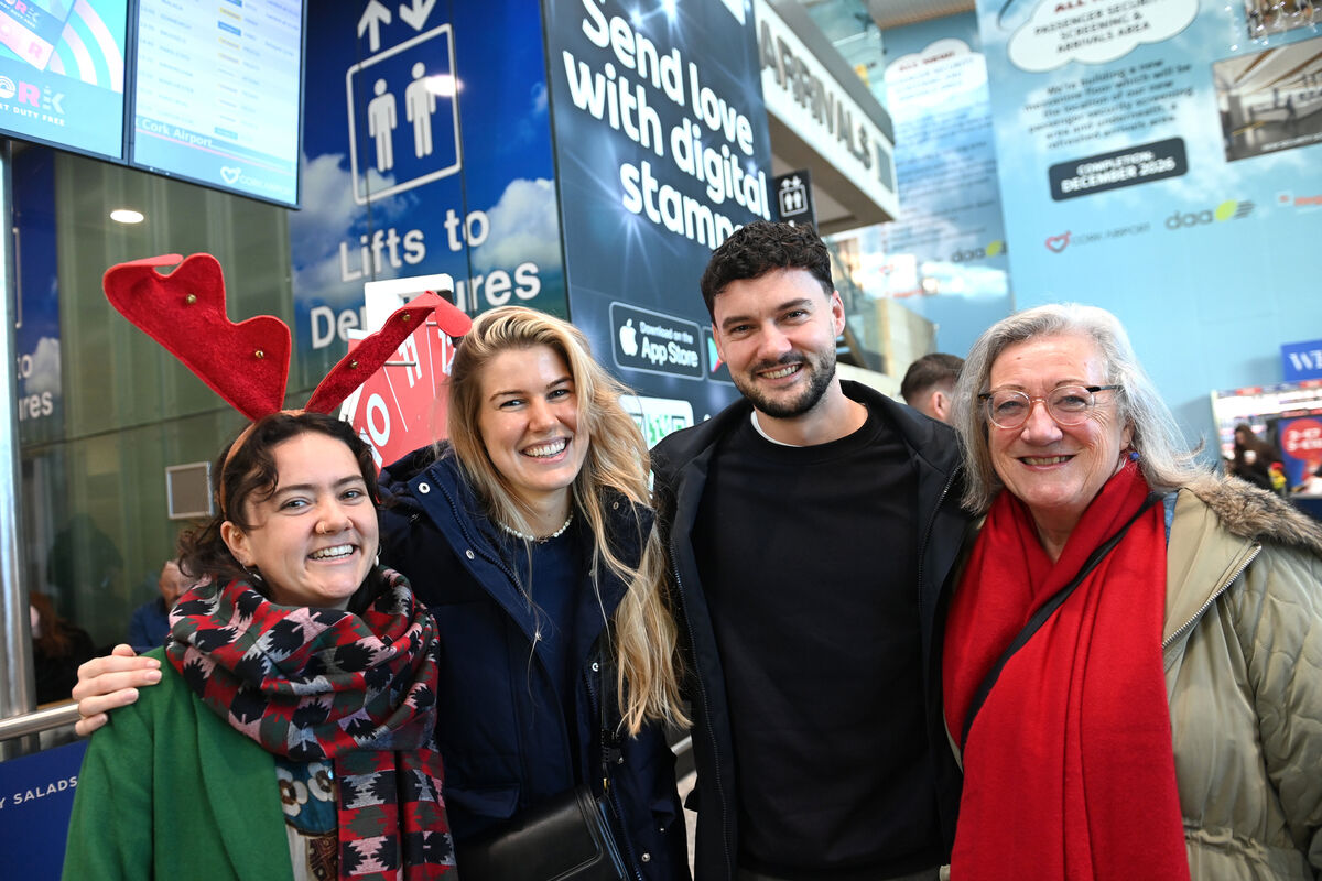  Orlaith Bourke, now living in India, meeting Dominique and James Bourke, returning from Netherlands, with delighted mum Vivienne Bourke, from Ardmore. Picture: Larry Cummins