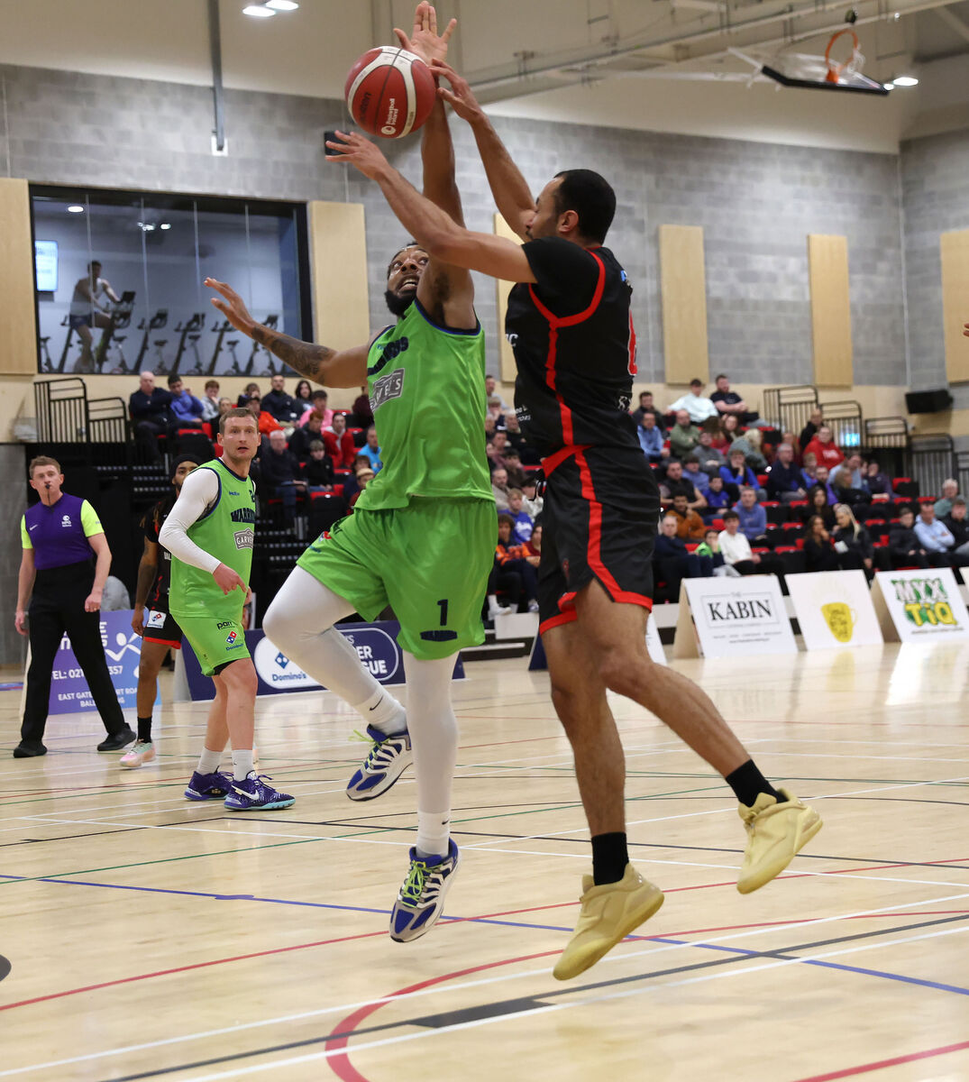  Joshua Steel, Ballincollig, battling Jordan Perkins, Tralee. Picture: Jim Coughlan.