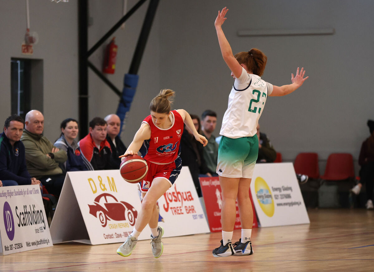  Edel Thornton, Brunell, takes on Sorcha Tiernan, Liffey Celtics. Picture: Jim Coughlan.