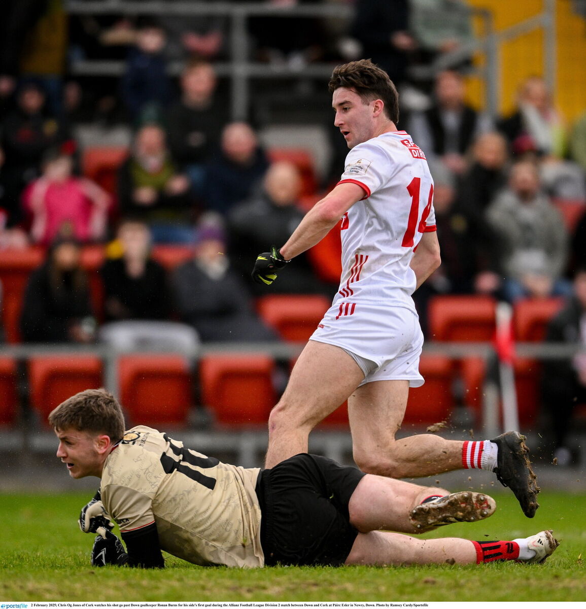 Chris Óg Jones of Cork watches his shot go past Down goalkeeper Ronan Burns. Picture: Ramsey Cardy/Sportsfile Chris Óg Jones of Cork watches his shot go past Down goalkeeper Ronan Burns. Picture: Ramsey Cardy/Sportsfile