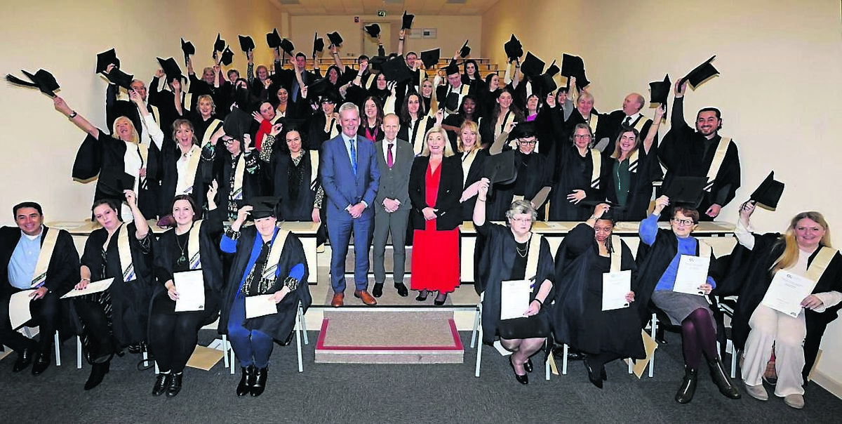 Graduates with Denis Leamy, chief executive Cork ETB; John Fitzgibbons, director further education and training Cork ETB, and Valerie Cowman, manager Cork College of FET Bishopstown Campus, during the Cork College FET Bishopstown Campus, various QQI level qualifications learner graduation ceremony, at Cork College of FET Bishopstown Campus.	Pictures: Jim Coughlan
                    
