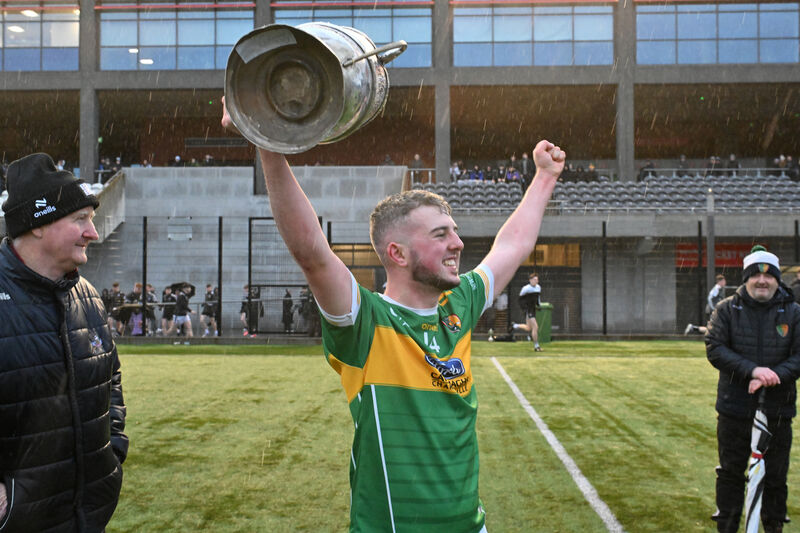 Shandrum captain Cillian Quinn with the Dick Barrett Cup. Picture: Dan Linehan