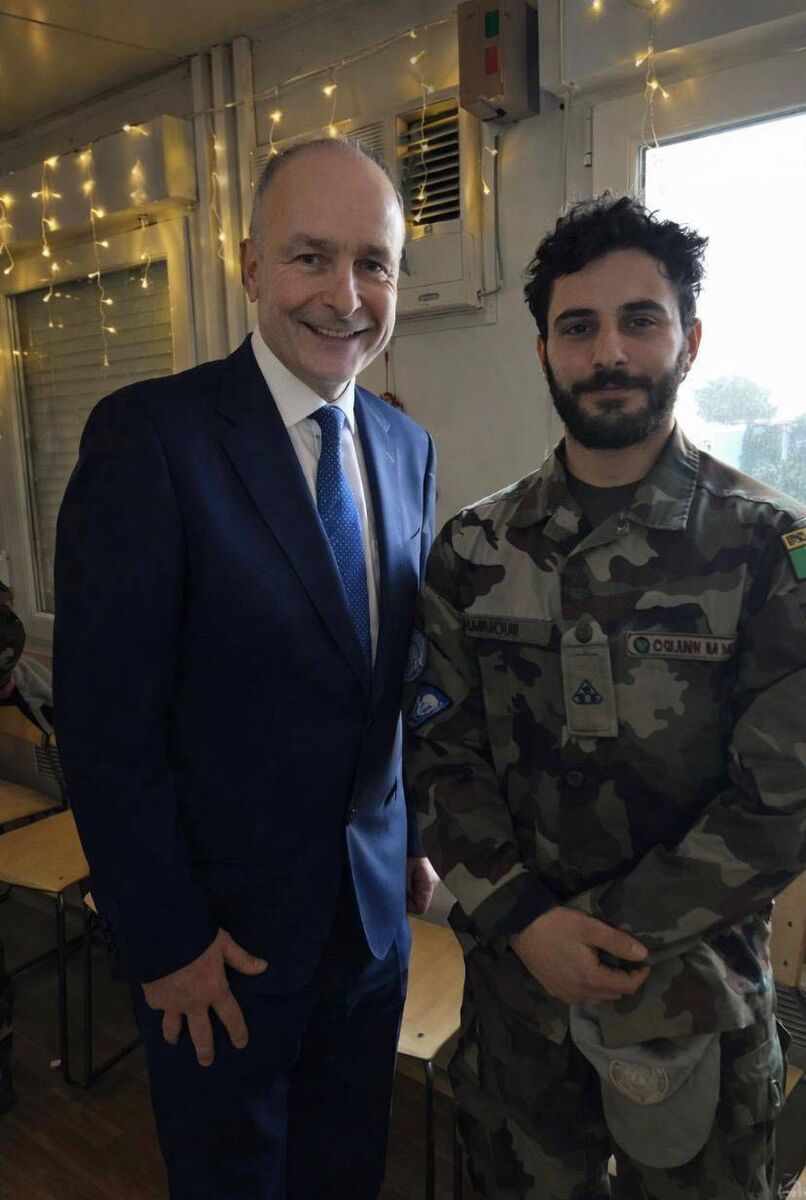 Taoiseach Micheál Martin with Gunner Mohammed Sammour at Camp Shamrock in South Lebanon. Picture: Donal O'Keeffe