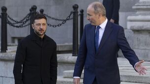 <p>President of Ukraine Volodymyr Zelenskyy and Taoiseach and Leader of Fianna Fáil, Micheál Martin TD at Government Buildings during Mr Zelenskyy's his visit to the Republic of Ireland, Dublin. Picture: Sam Boal. </p>