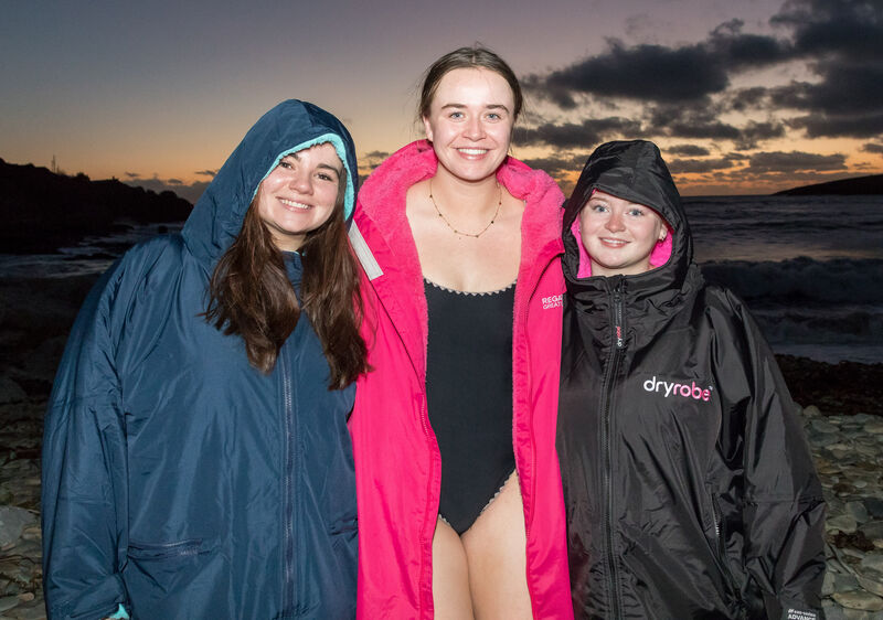 Nicole O’Leary, Danú Ní Thuama and Lauren Deasy from Carrigaline at the Christmas day swim at Fountainstown. Picture: David Creedon
