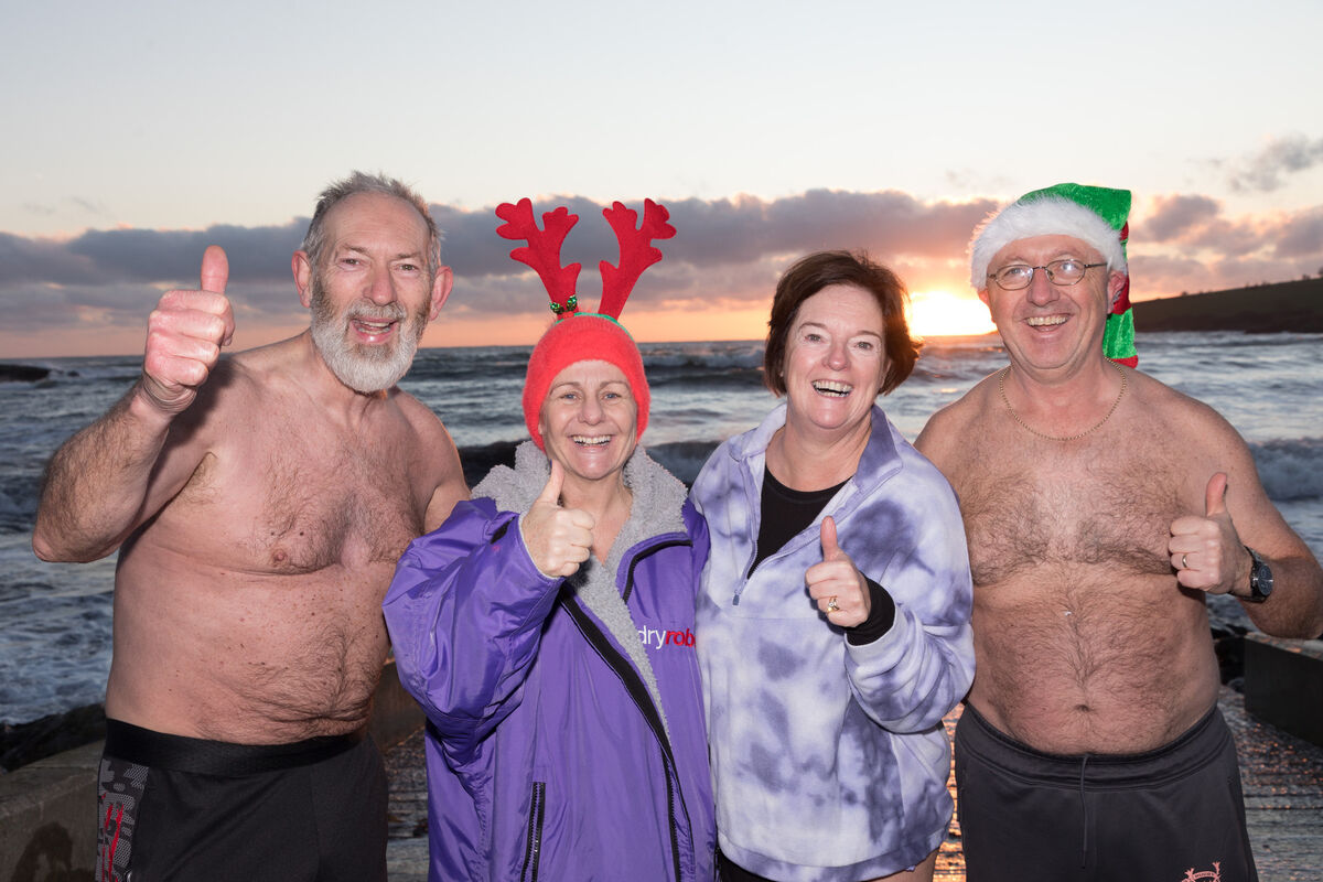 Bobby Thornhill, Chrissie O’Connor, Jenny De Saulles and Eddie Hourigan at the Christmas day swim at Fountainstown. Picture: David Creedon Bobby Thornhill, Chrissie O’Connor, Jenny De Saulles and Eddie Hourigan at the Christmas day swim at Fountainstown. Picture: David Creedon