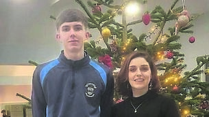 <p>Scott Clinton with teacher Lisa McLaughlin, following his selection for the Rotary Youth Leadership Competition.</p>