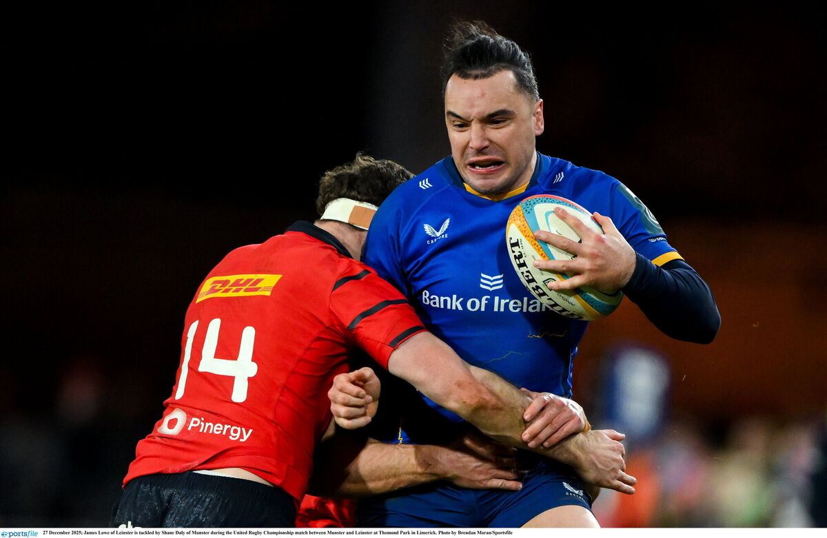 James Lowe of Leinster is tackled by Shane Daly of Munster at Thomond Park. Picture: Brendan Moran/Sportsfile
